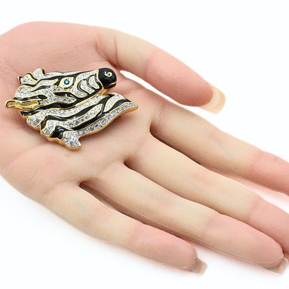 Splendid Swarovski Signed Zebra Head Gold Tone Encrusted Crystal Brooch - Picture 3 of 10